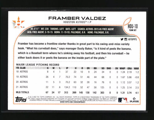 2022 Topps Framber Valdez #HOU-10 Houston Astros