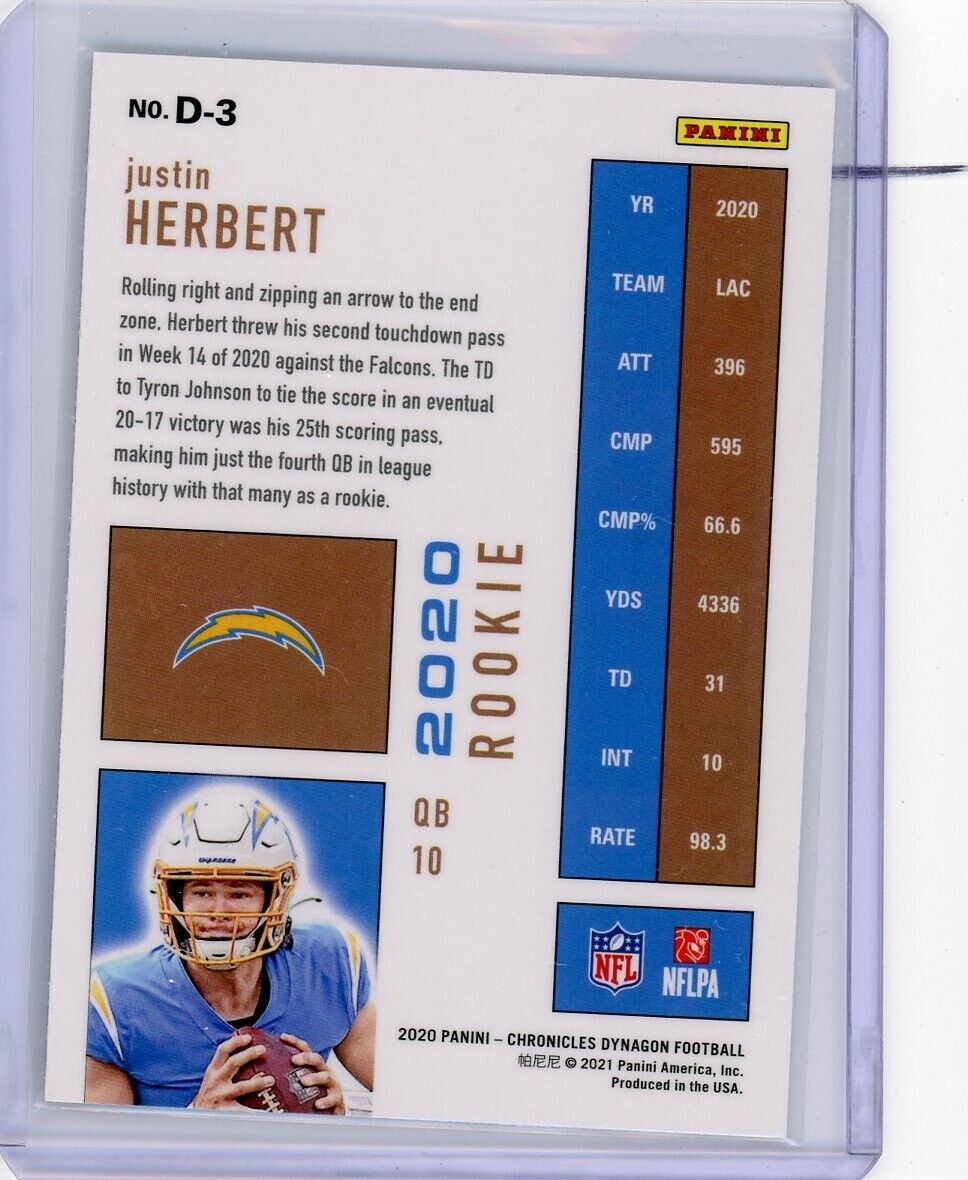 2020 Panini Chronicles Justin Herbert RC Dynagon D-3 Chargers Rookie Card