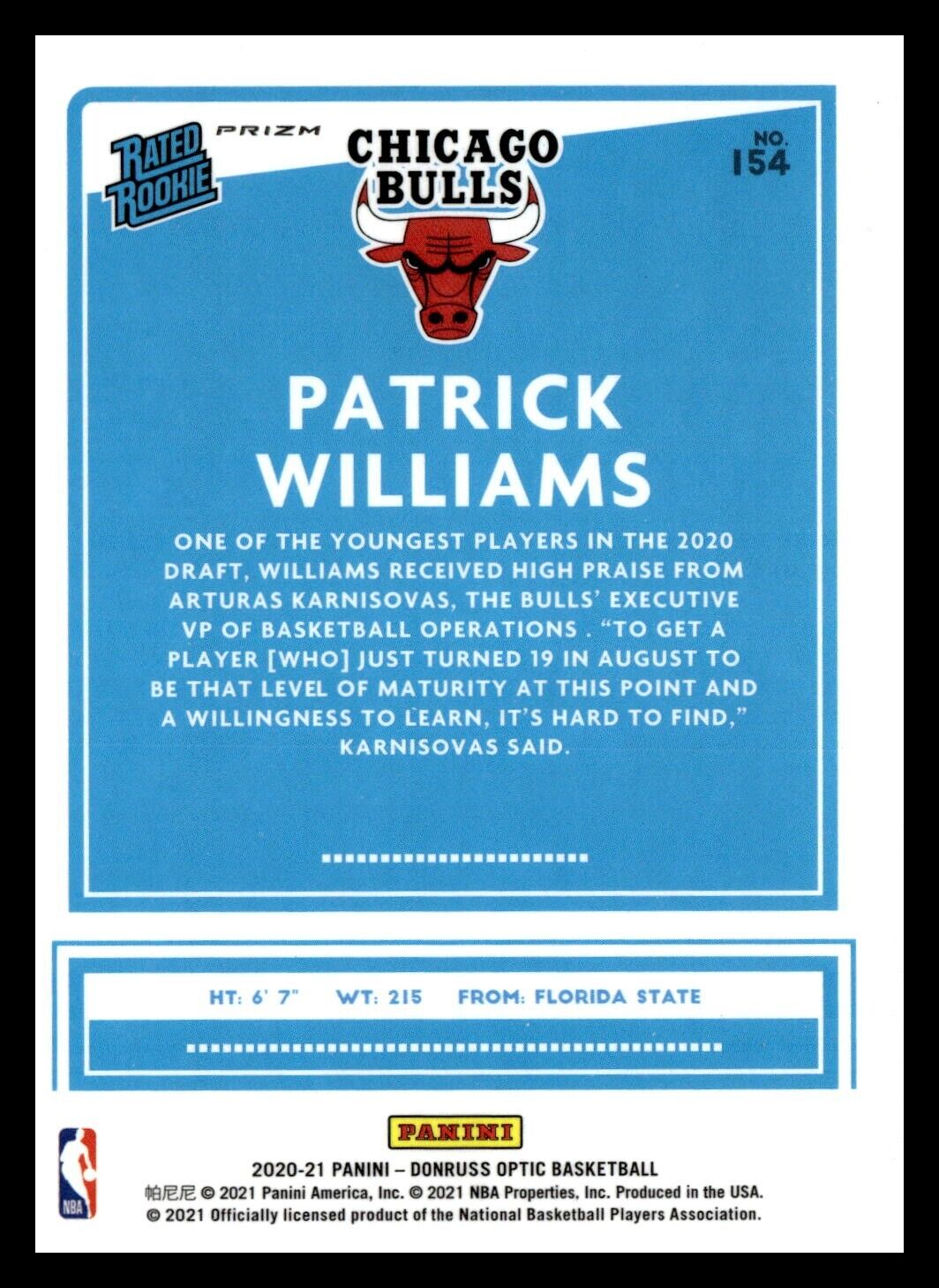2020-21 Donruss Optic Pulsar Rated Rookies Patrick Williams #154 Chicago Bulls