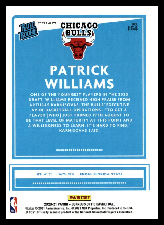 2020-21 Donruss Optic Pulsar Rated Rookies Patrick Williams #154 Chicago Bulls