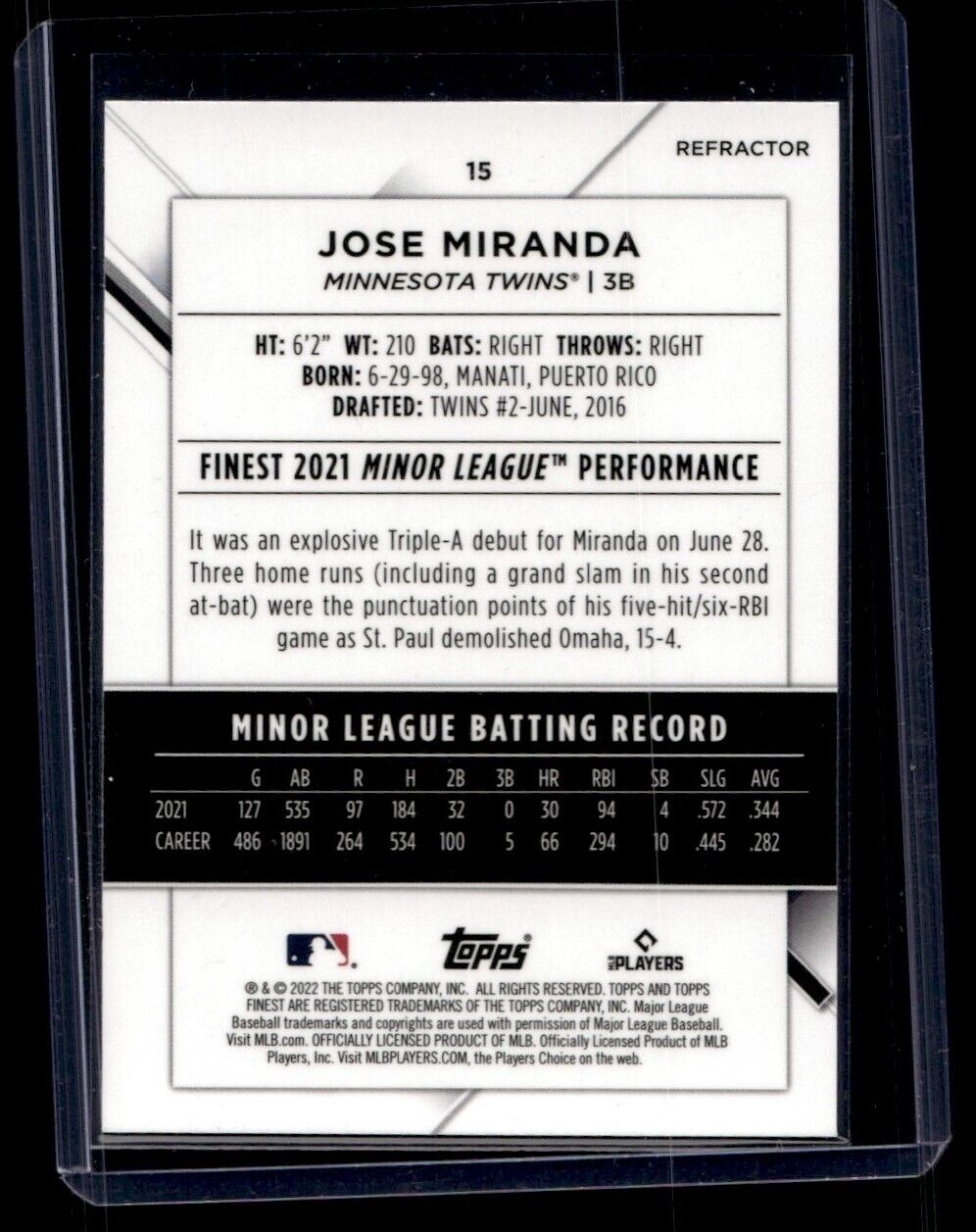 2022 TOPPS Finest Jose Miranda Rookie #15 Minnesota Twins