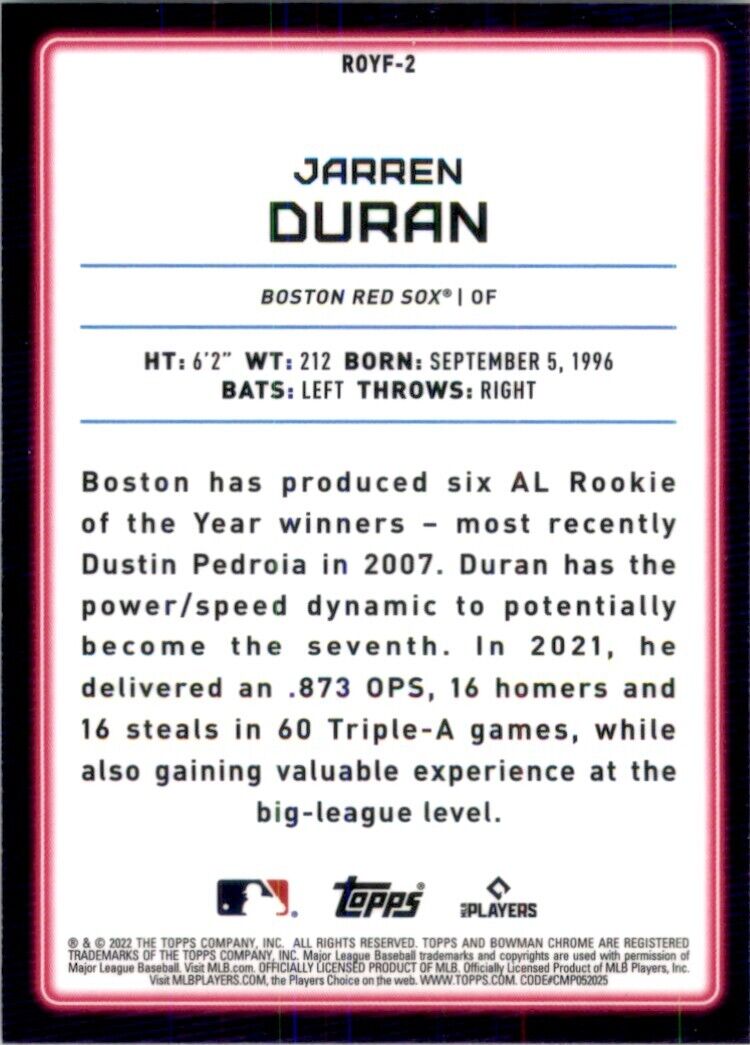 2022 Bowman Chrome Rookie of Year Favorites Jarren Duran #ROYF-2 Boston Red Sox