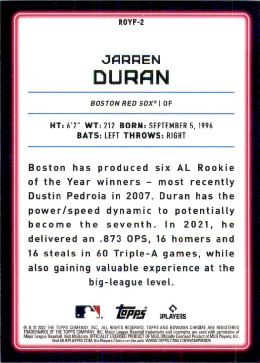 2022 Bowman Chrome Rookie of Year Favorites Jarren Duran #ROYF-2 Boston Red Sox