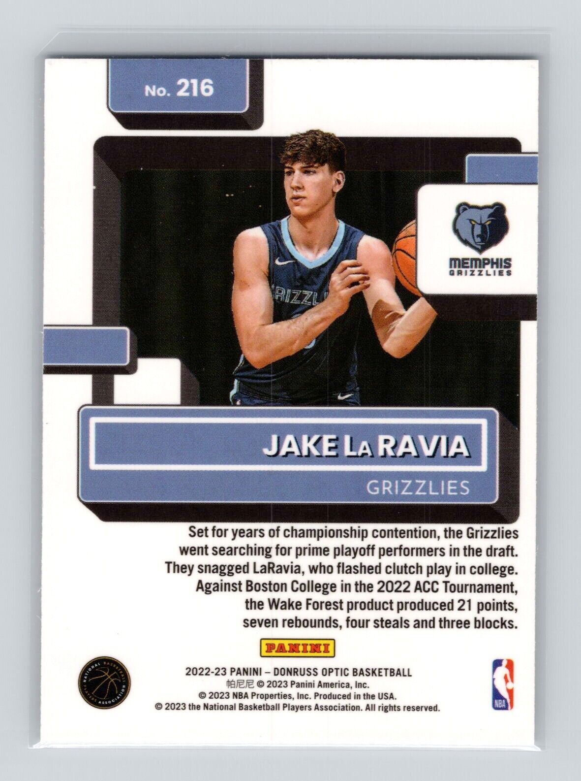 2022-23 Donruss Optic Jake LaRavia Rated Rookie #216 Memphis Grizzlies - walk-of-famesports