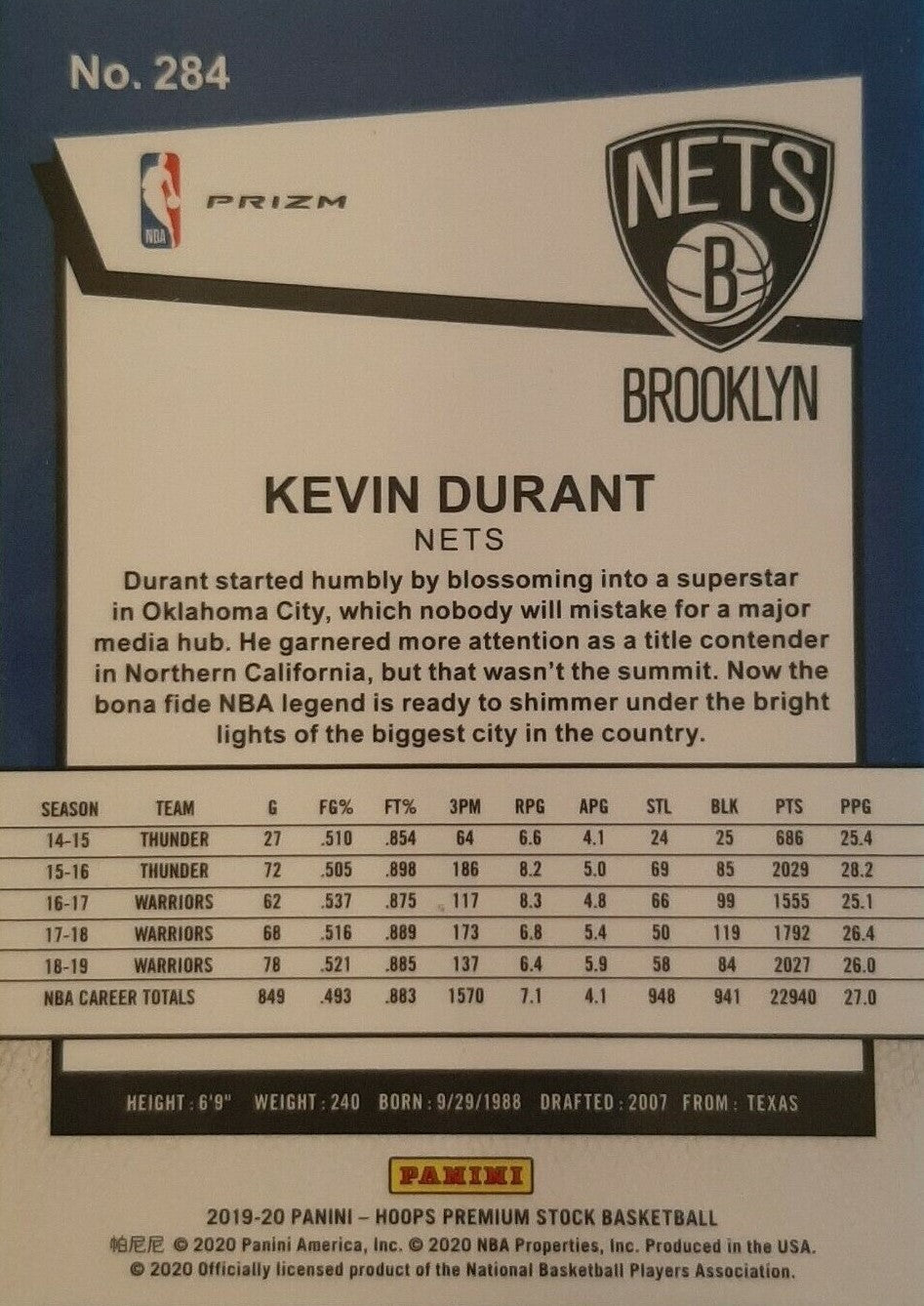 2019-22 Hoops Premium Stock Kevin Durant Tribute Silver Prizm #284 Brooklyn Nets