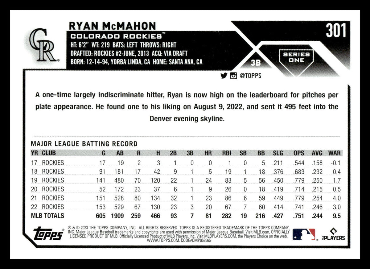 2023 Topps Ryan McMahon #301 Colorado Rockies