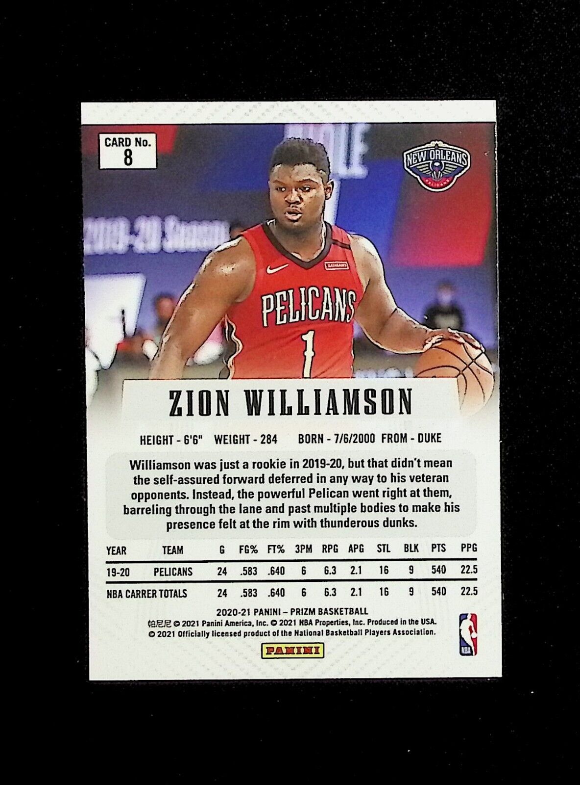 2020-21 Panini Prizm Silver Flashbacks Zion Williamson #8 New Orleans Pelicans