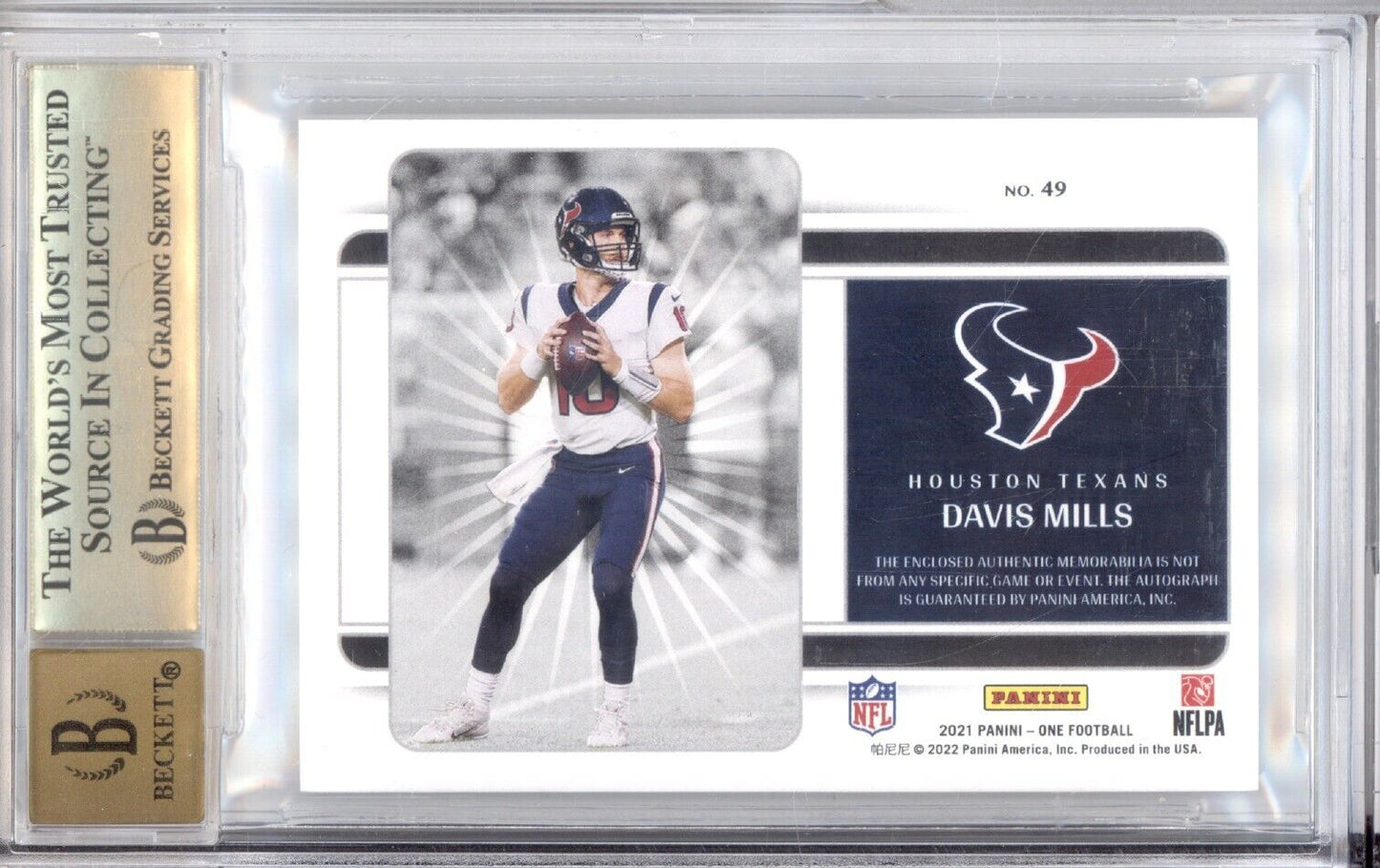 DAVIS MILLS #49 2021 PANINI ONE DUAL PATCH ON CARD AUTO RC /199 BGS 9.5 AUTO 10