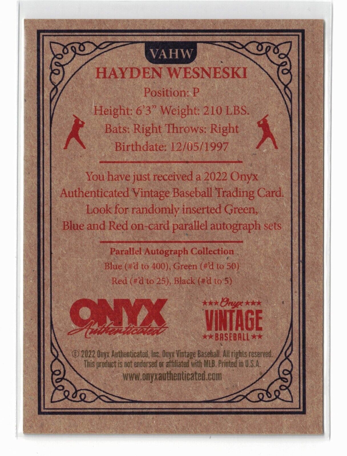 2022 Onyx Vintage Extended Auto Blue Ink /400 Hayden Wesneski #VAHW Auto