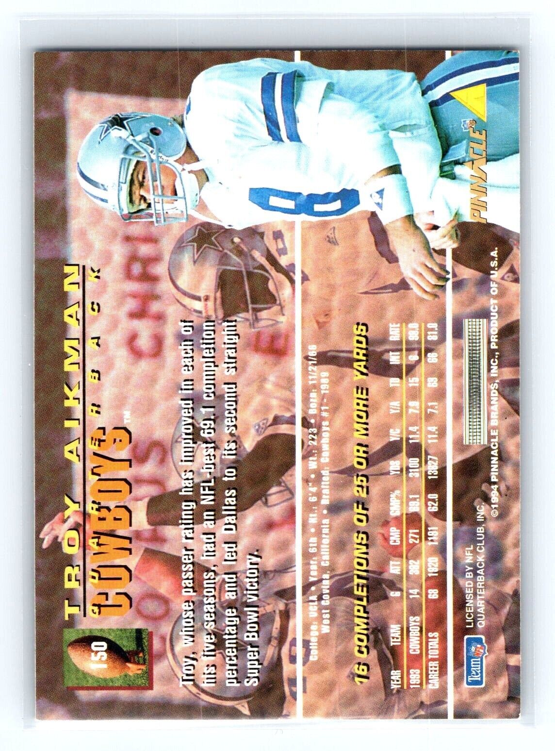 1994 Pinnacle Football Card #150 Troy Aikman