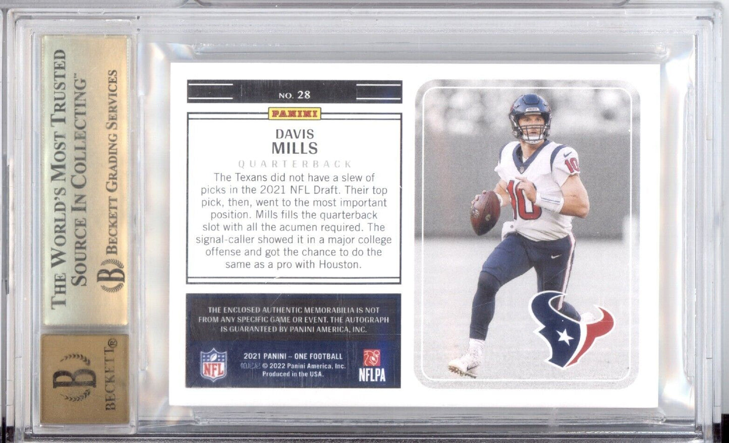 2021 PANINI ONE PATCH ON CARD AUTO RC #28 DAVIS MILLS /199 BGS 9.5 AUTO 10