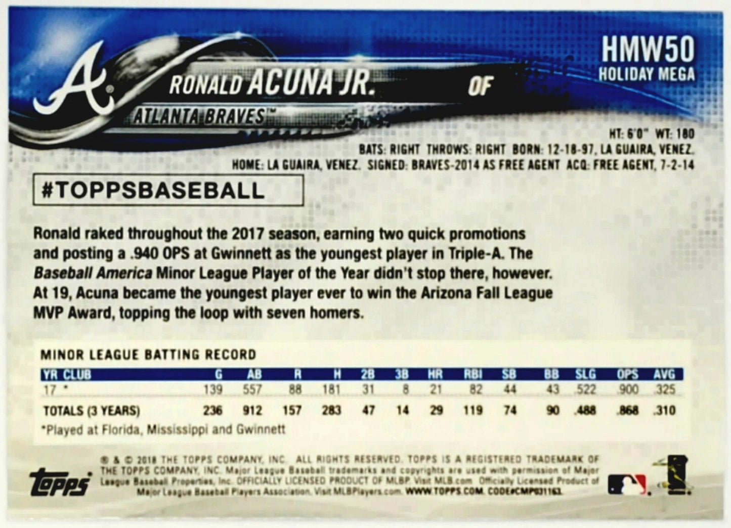 2018 Topps Holiday Ronald Acuna Jr. RC Card #50 #HMW50