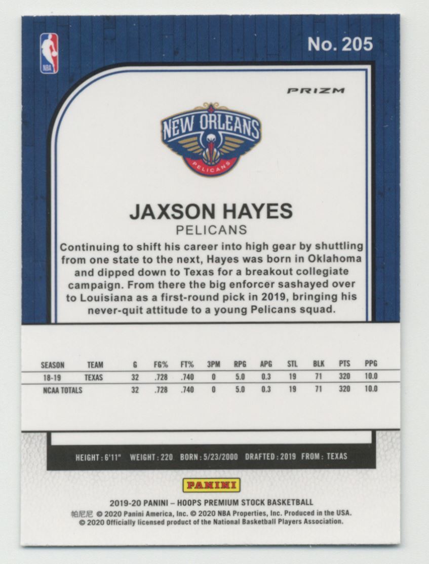 2019-20 Hoops Premium Stock Jaxson Hayes Rookie Silver Prizm #205 New Orleans Pelicans