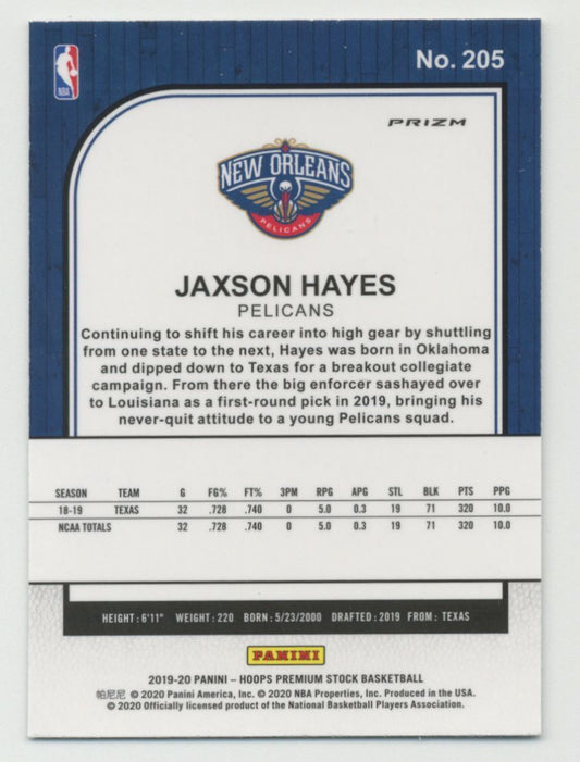 2019-20 Hoops Premium Stock Jaxson Hayes Rookie Silver Prizm #205 New Orleans Pelicans