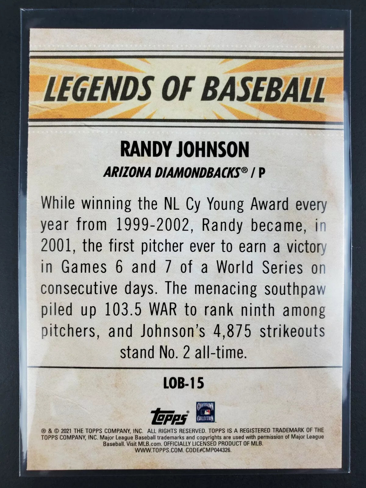 2021 Topps Legends Of Baseball Randy Johnson #LOB-15 Arizona Diamondbacks