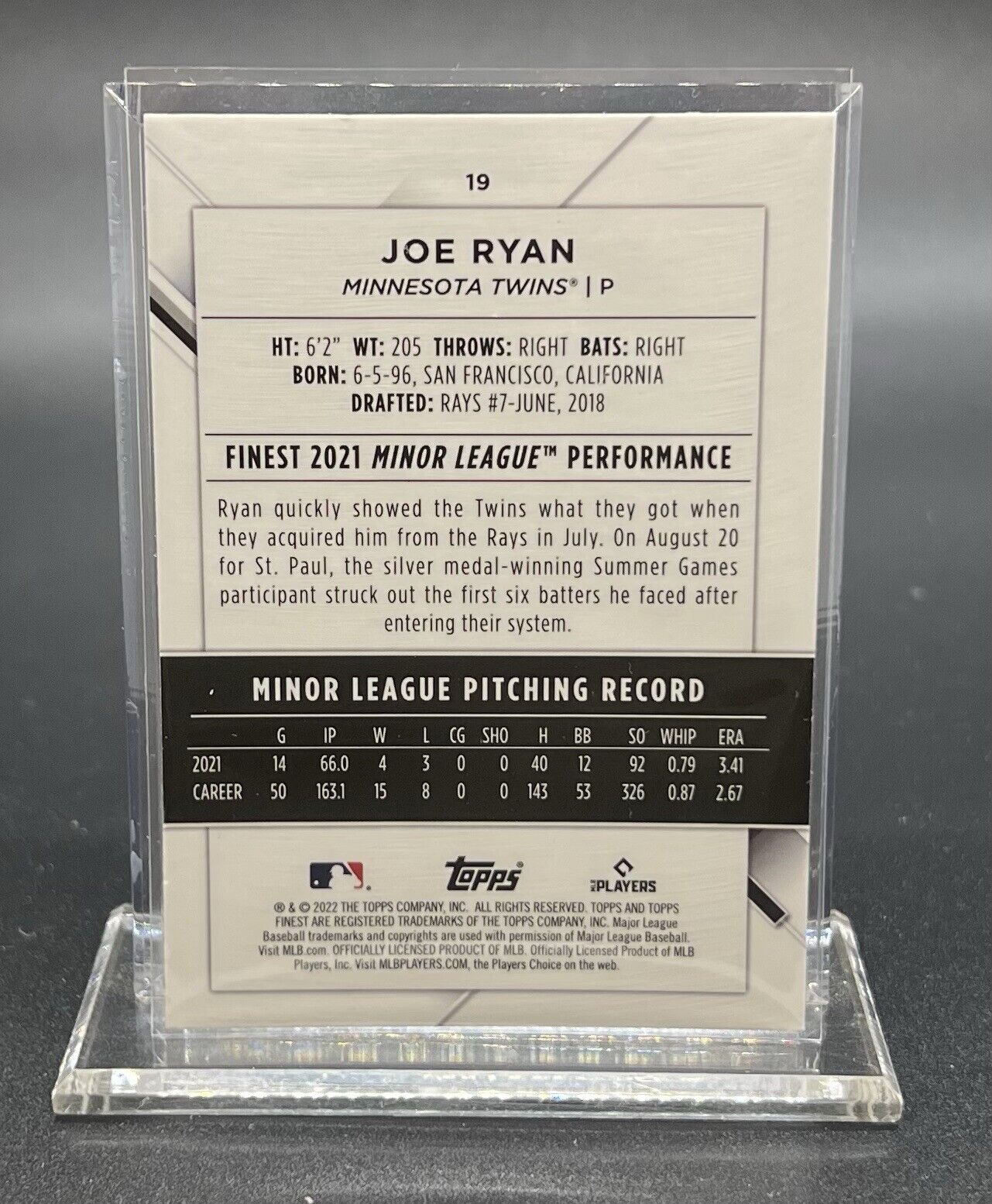 2022 TOPPS Finest Joe Ryan Rookie #19 Minnesota Twins