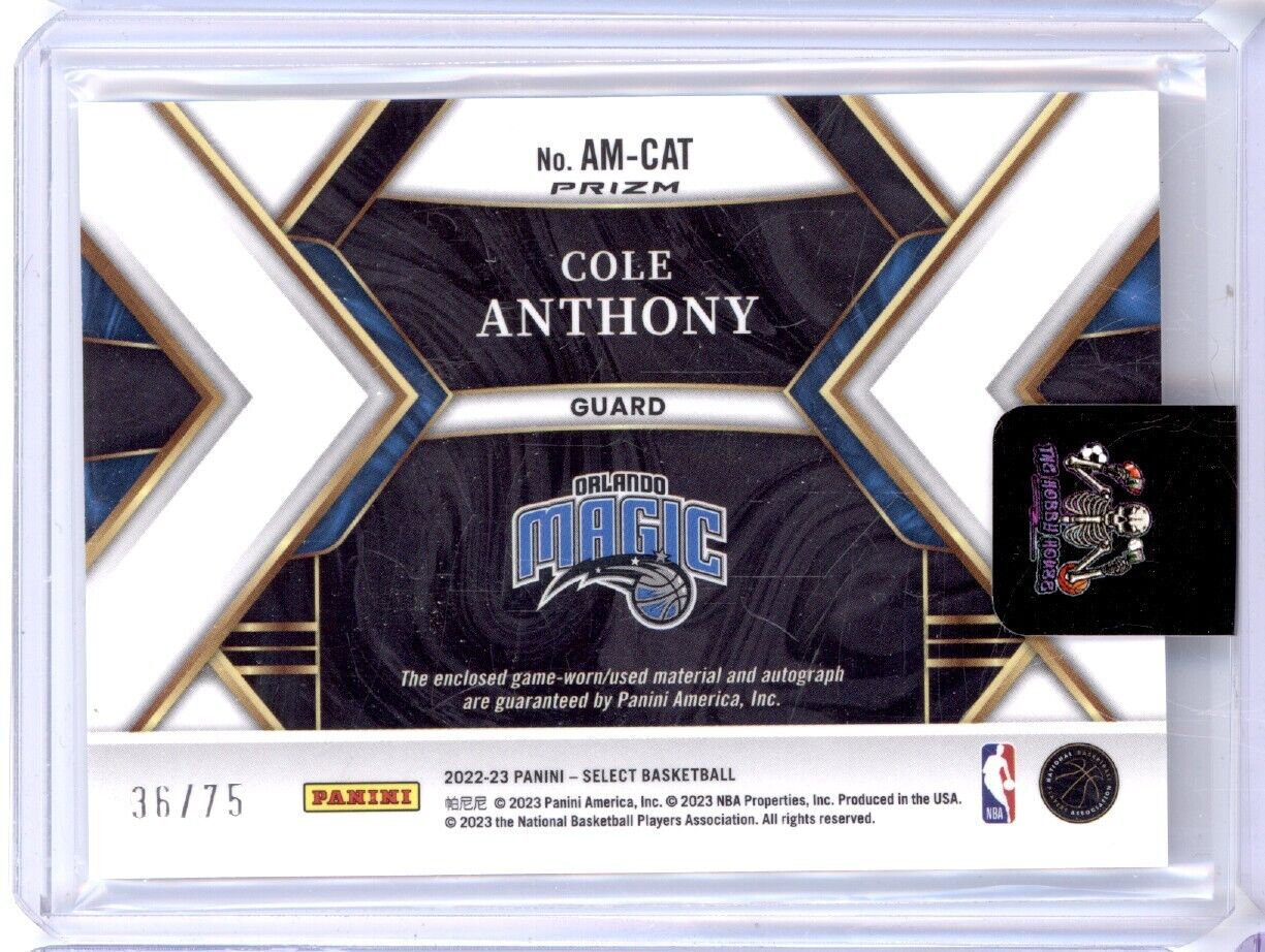 COLE ANTHONY 2022-23 PANINI SELECT PURPLE PATCH AUTO /75 ORLANDO MAGIC