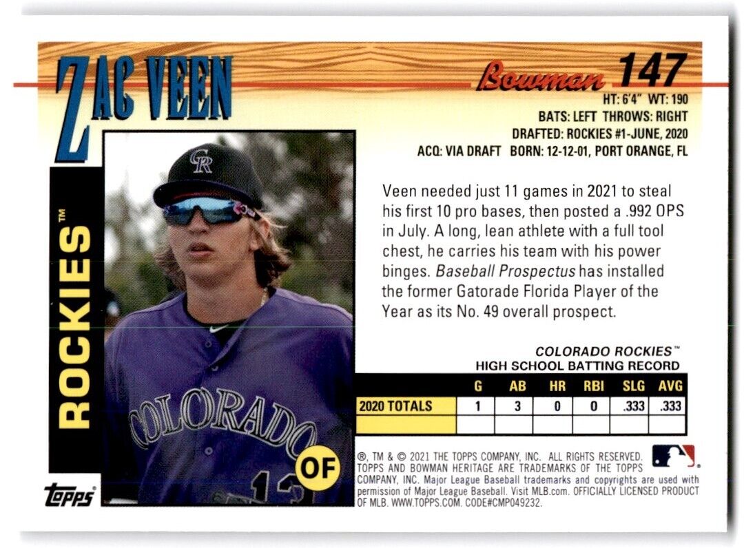 2021 Bowman Rookie Zac Veen #147 Colorado Rockies