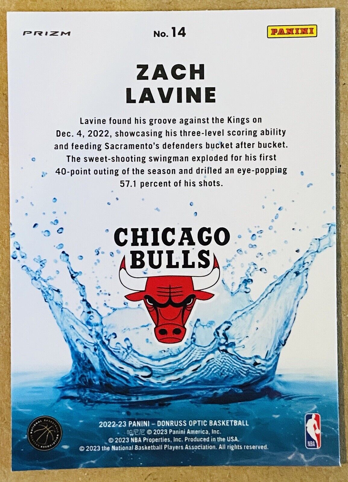 2022-23 Donruss Optic Zach LaVine Splash! Holo #14 Chicago Bulls - walk-of-famesports