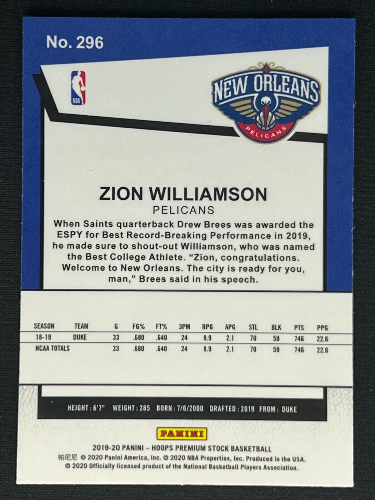 2019-20 Panini Hoops Premium Stock Zion Williamson Rookie #296 New Orleans Pelicans