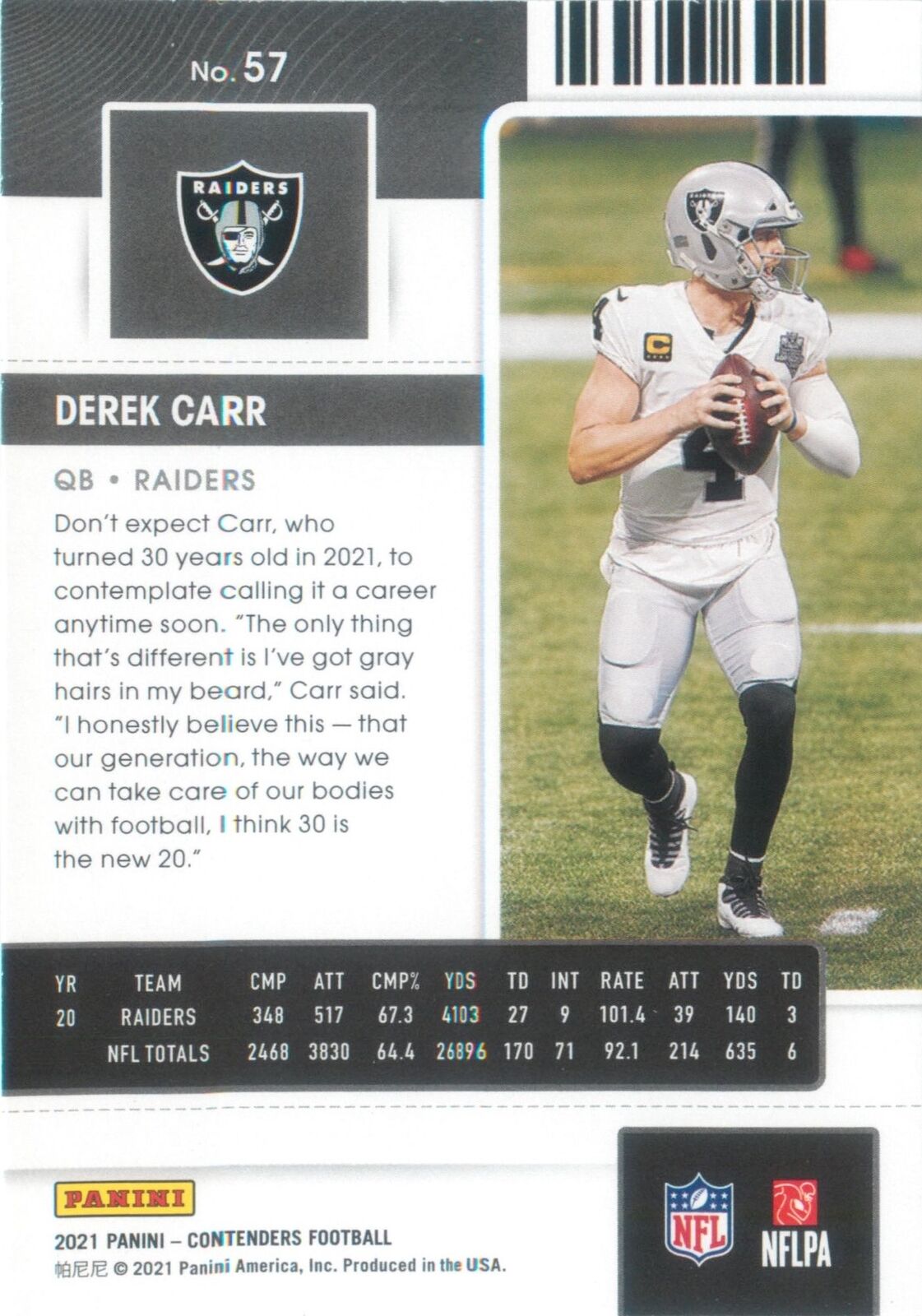 2021 Contenders DEREK CARR Football Card 57 Las Vegas Raiders