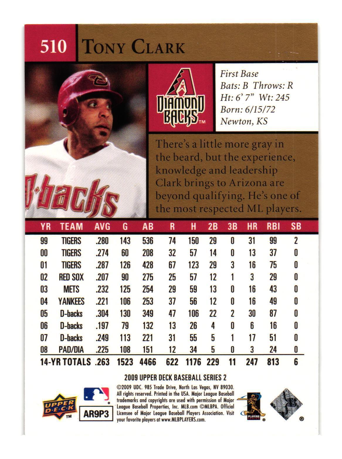 2009 Upper Deck Tony Clark #510 Arizona Diamondbacks