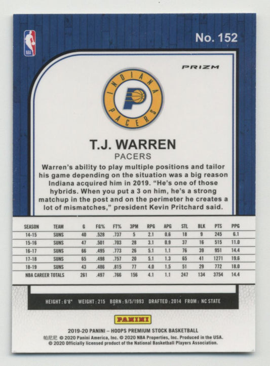 2019-20 Hoops Premium Stock T.J. Warren Silver Prizm #152 Indiana Pacers