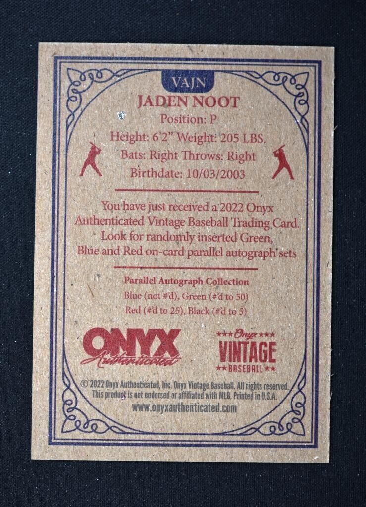 2022 Onyx Vintage Extended Auto Blue Ink #VA-JN Jaden Noot - Prospect