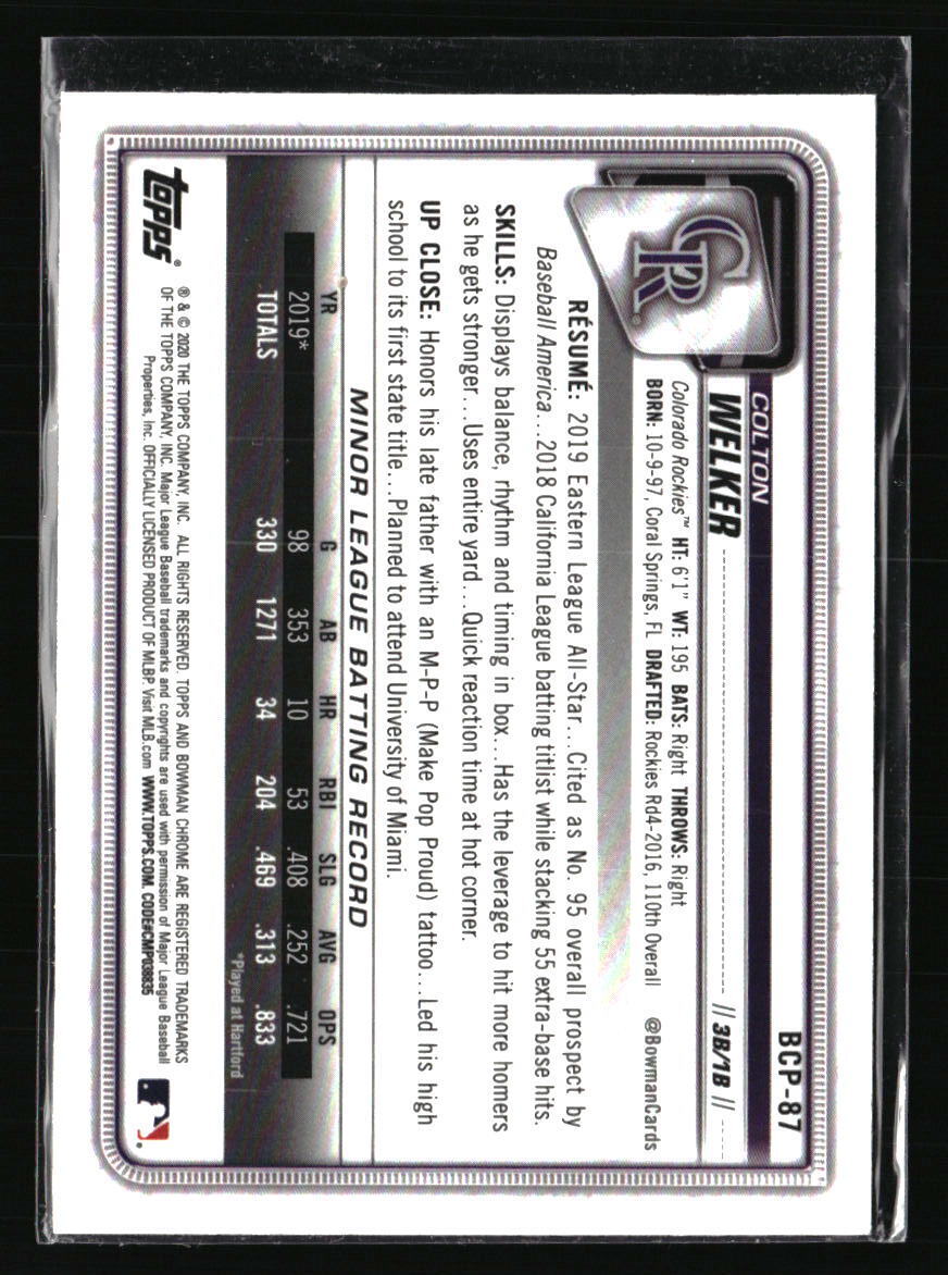 Colton Welker 2020 Bowman Chrome Mojo Refractor #BCP-87 Rookies