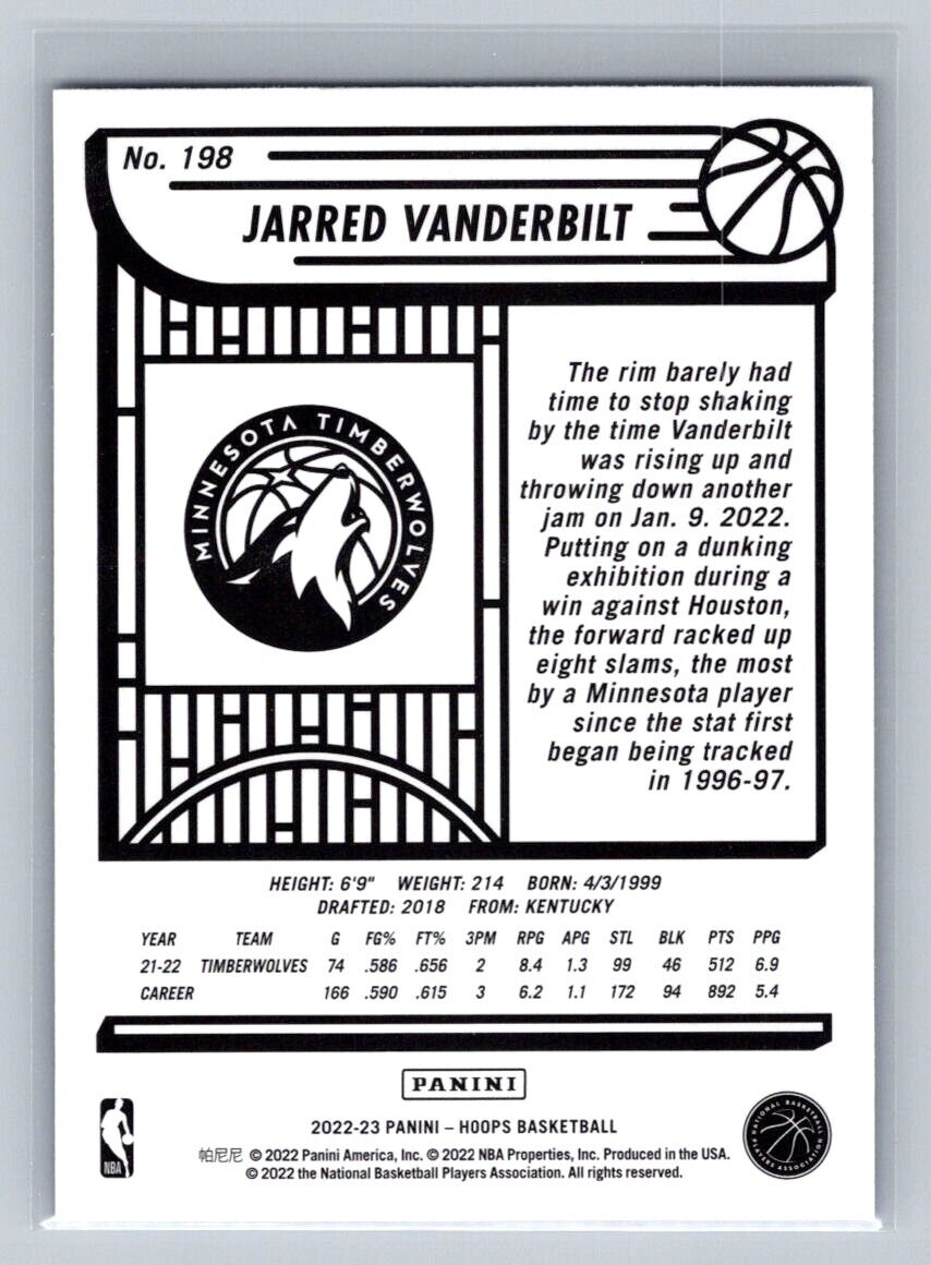 2022-23 NBA Hoops Jarred Vanderbilt Blue Parallel #198 Timberwolves