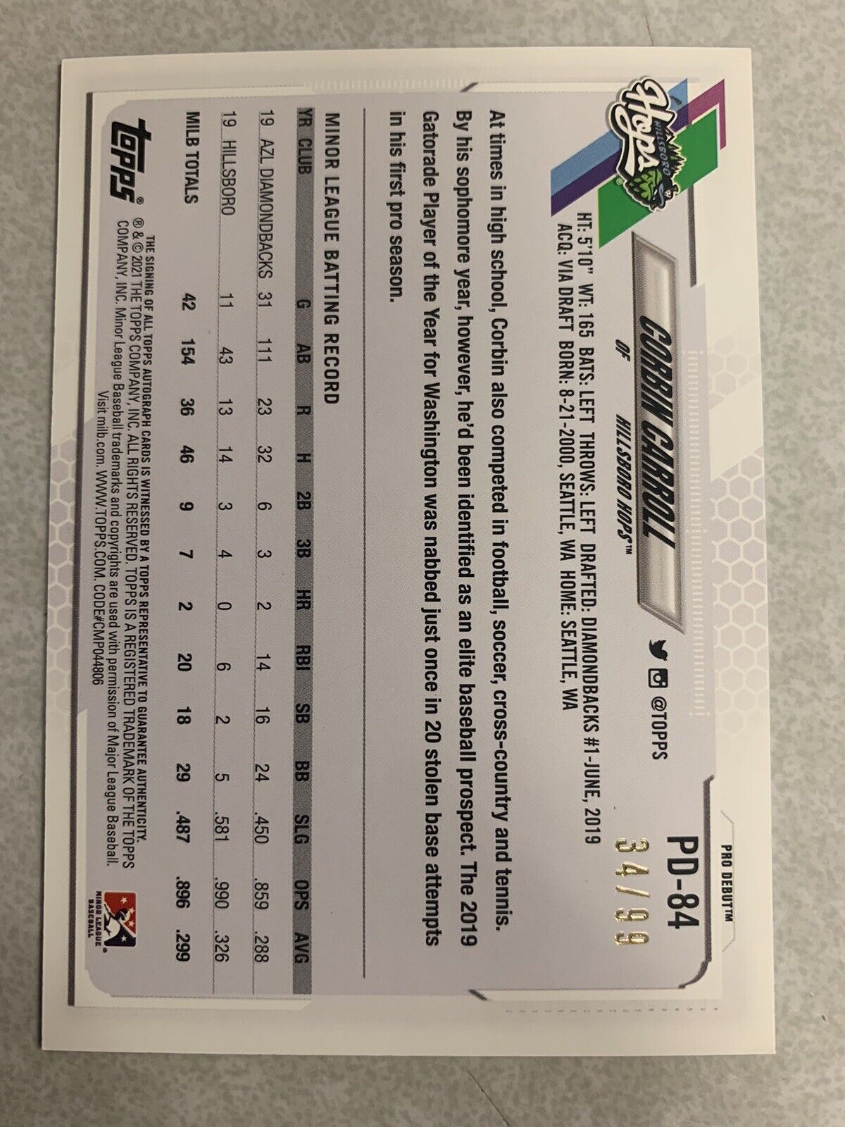 2021 Topps Pro Debut Corbin Carroll Auto Green #PD-84 True Rookie 34/99 Diamondbacks - walk-of-famesports