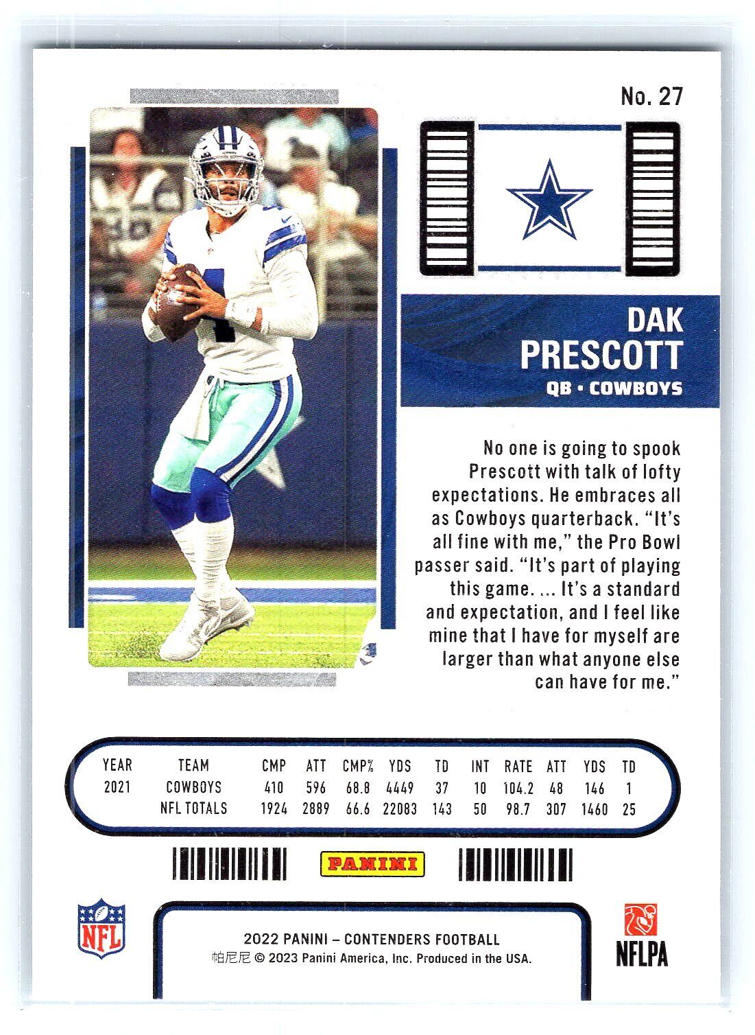 2022 Panini Contenders Dak Prescott Season Ticket #27 Dallas Cowboys