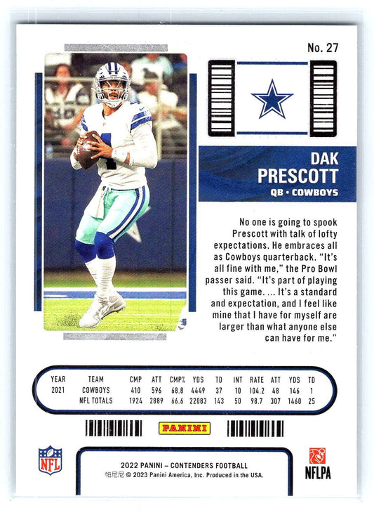 2022 Panini Contenders Dak Prescott Season Ticket #27 Dallas Cowboys