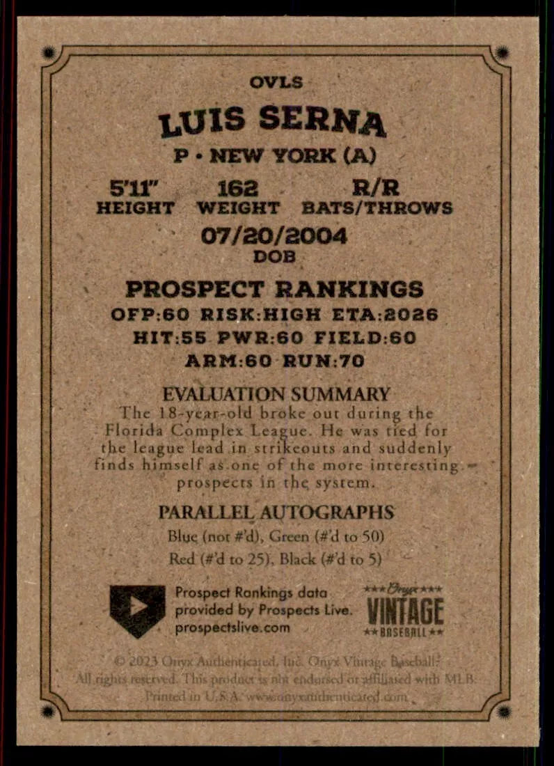 2023 Onyx Vintage #OVLS - Luis Serna - New York Yankees