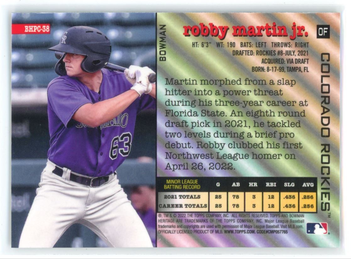 2022 Bowman Heritage Chrome Refractor Robby Martin Jr. #BHPC-38