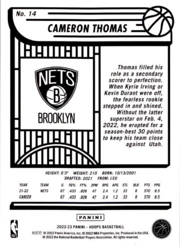 2022-23 NBA Hoops #14 Cameron Thomas Purple Parallel - Nets