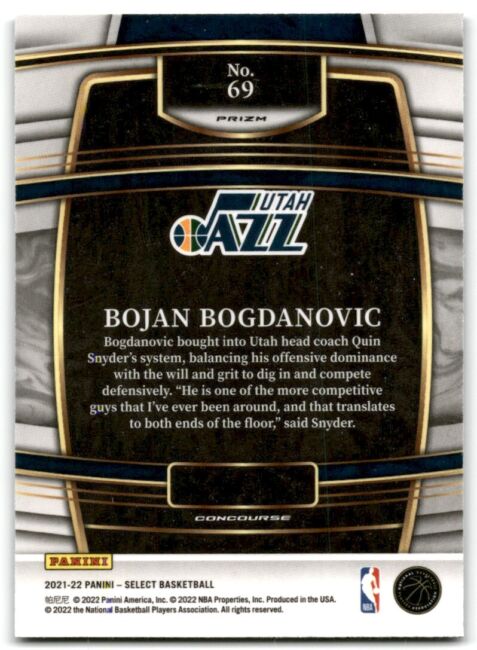 2021-22 Panini Select Blue Prizm Bojan Bogdanovic #69 Utah Jazz