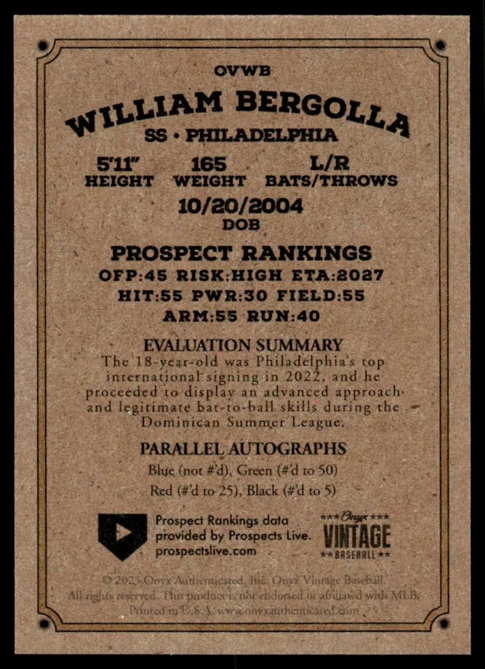 2023 Onyx Vintage #OVWB William Bergolla - Philadelphia Phillies