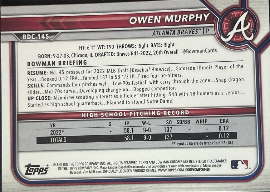 2022 Bowman Chrome Draft Sapphire Edition Owen Murphy #BDC-145