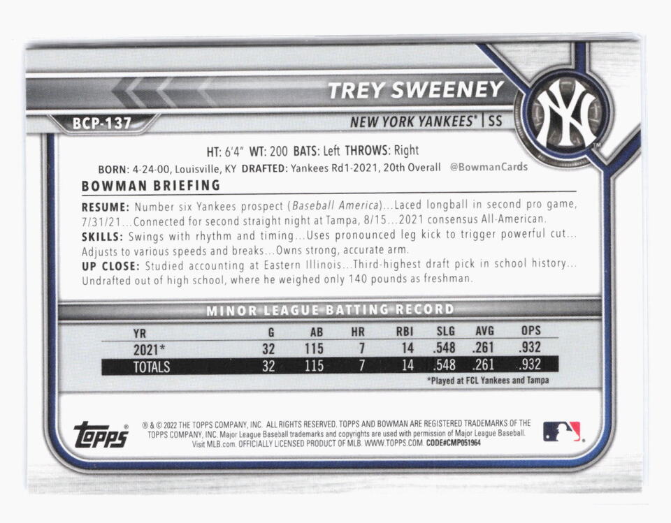 2022 Bowman Chrome Sapphire Trey Sweeney 1st Bowman BCP-137 New York Yankees
