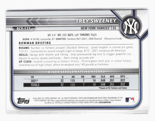 2022 Bowman Chrome Sapphire Trey Sweeney 1st Bowman BCP-137 New York Yankees