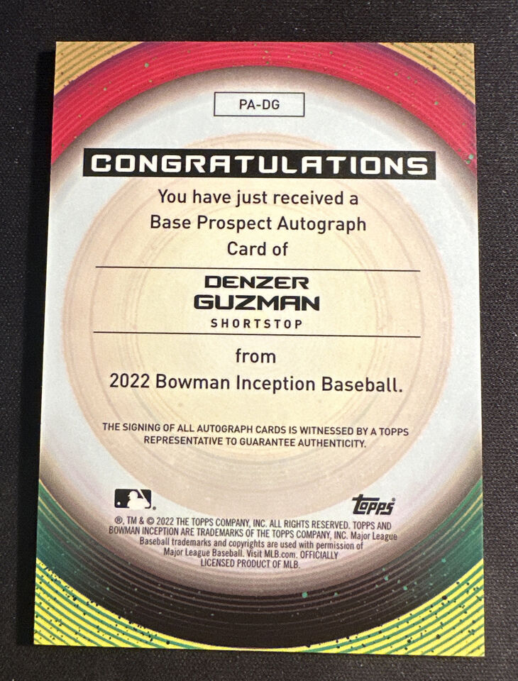 2022 Bowman Inception Prospect Gold Auto 38/50 Denzer Guzman #PA-DG Los Angeles Angels