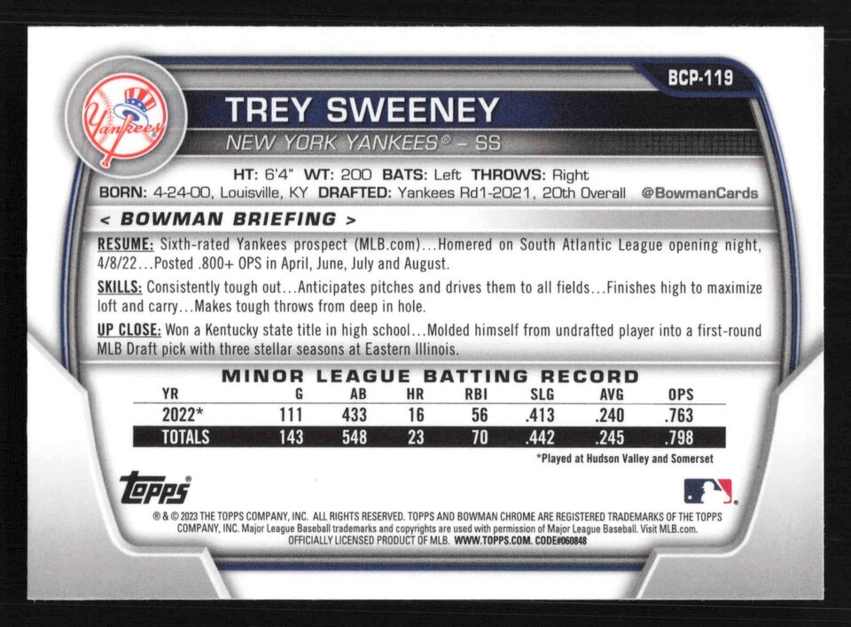 2022 Bowman Chrome Sapphire #BCP119 Trey Sweeney