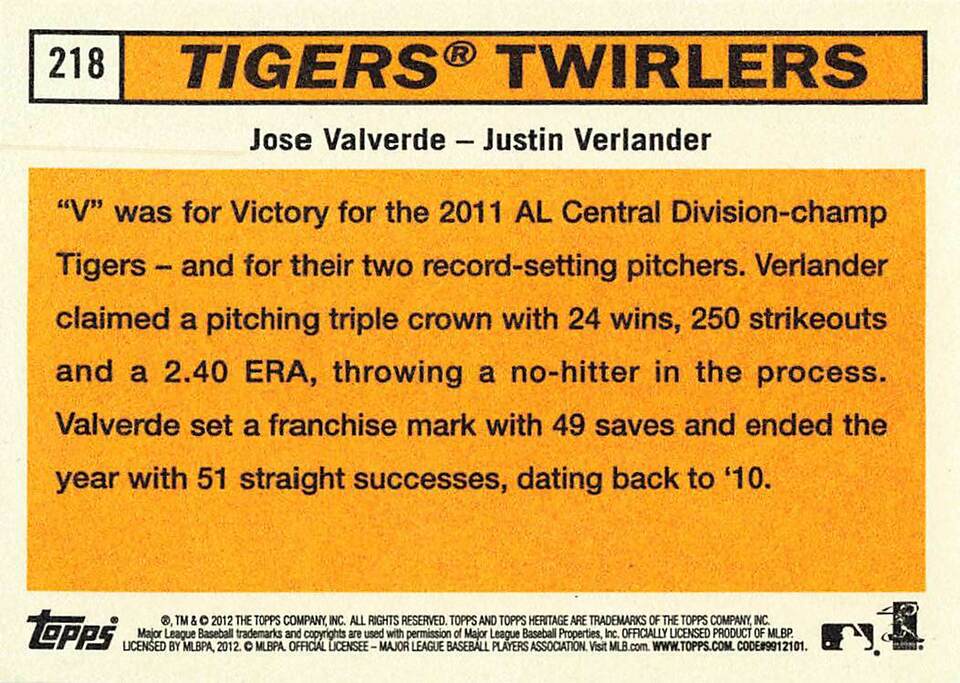 2012 Topps Heritage Jose Valverde / Justin Verlander #218 Tigers