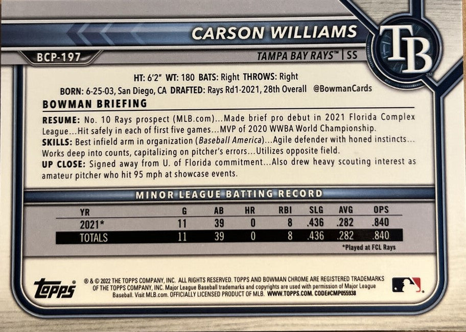 2022 Bowman Chrome Prospects Carson Williams Mojo Refractors #BCP-197 Tampa Bay Rays