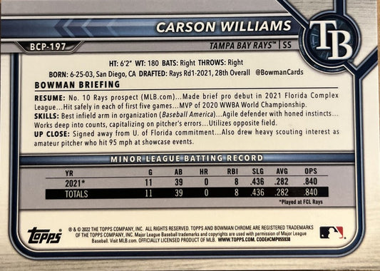 2022 Bowman Chrome Prospects Carson Williams Mojo Refractors #BCP-197 Tampa Bay Rays