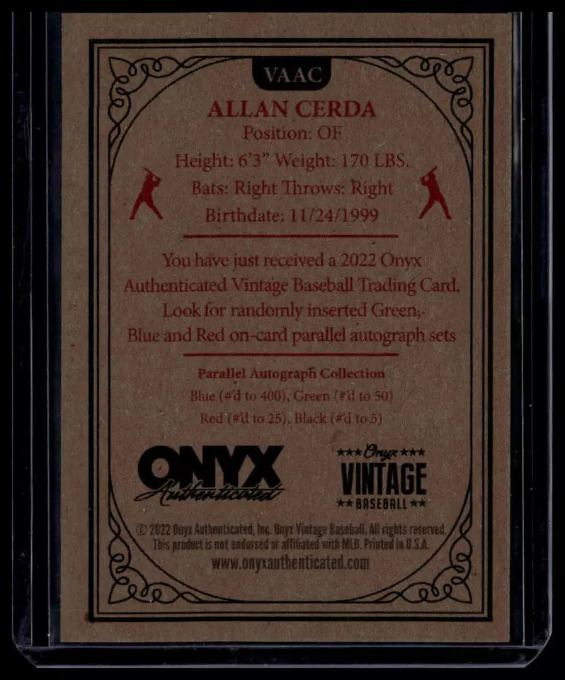 2022 Onyx Vintage Extended Blue Signatures #VAAC Allan Cerda #/400 - Cincinnati Reds