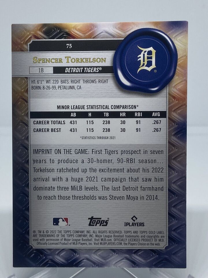 2022 Topps Gold Label #75 Spencer Torkelson Detroit Tigers RC CLASS 1