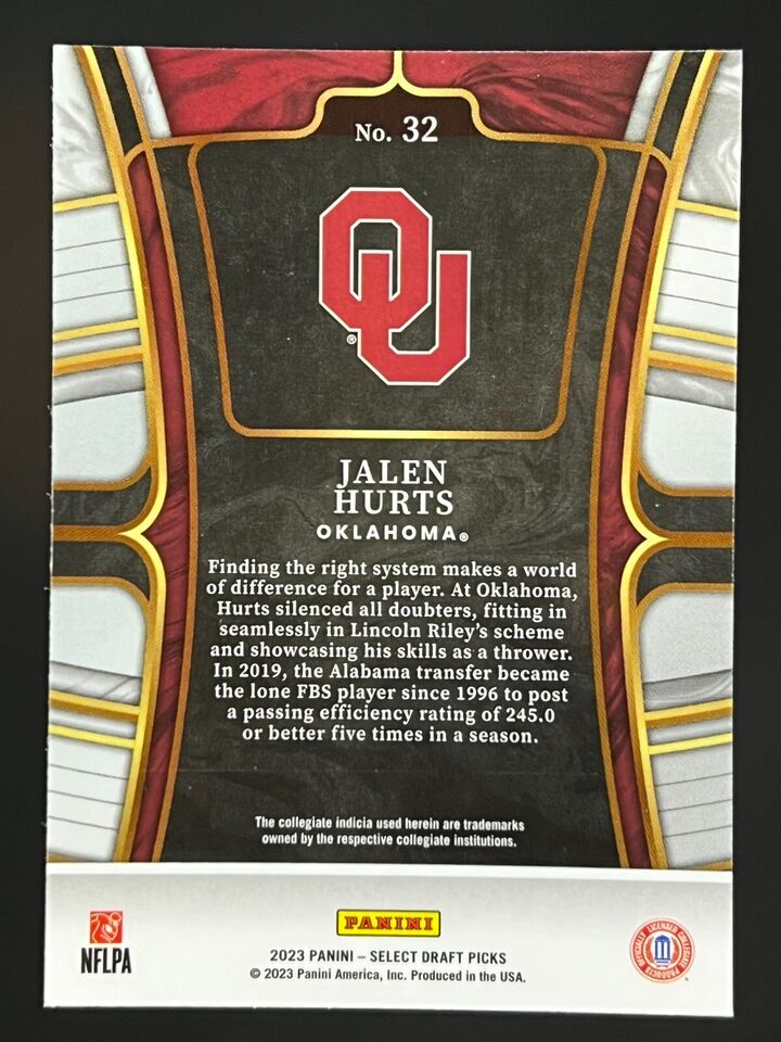 2023 Panini Select Draft Pick Jalen Hurts #32 Sooners