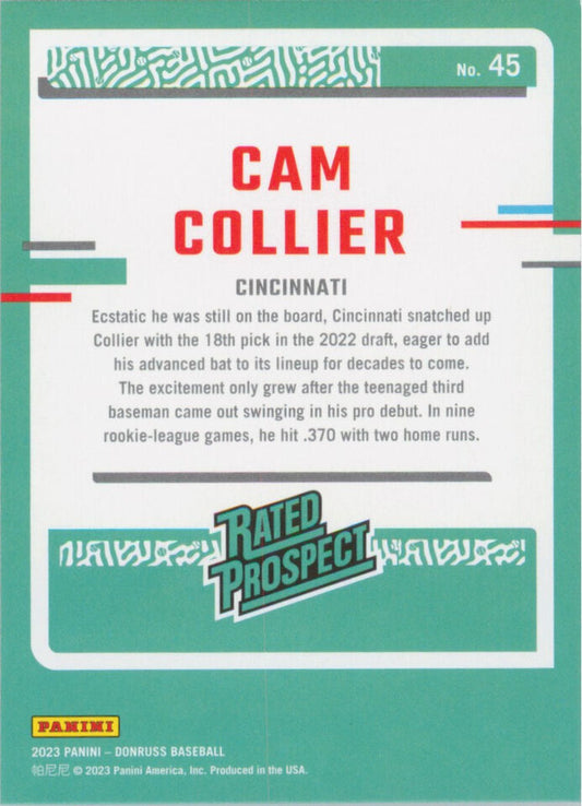 2023 Panini Donruss Rated Prospects Cam Collier #45 Cincinnati Reds